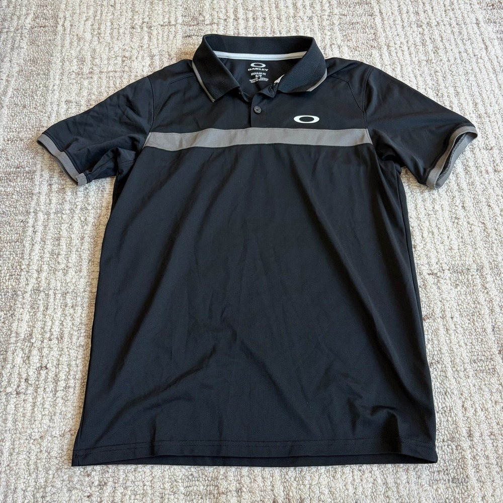 Oakley Mens O-Hydrolix Golf Polo Shirt Black Grey Stripe Regular Fit Small
